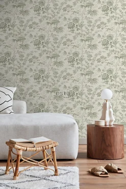 ESTAhome papier peint fleurs vintage beige crème et vert grisé - 53 cm x 10.05 m - 139400