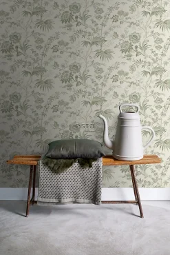 ESTAhome papier peint fleurs vintage beige crème et vert grisé - 53 cm x 10.05 m - 139400