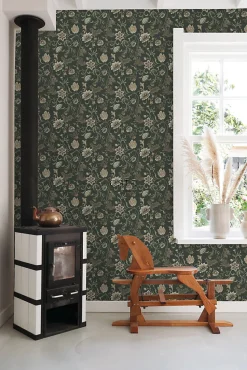 ESTAhome papier peint fleurs vintage noir et vert - 53 cm x 10.05 m - 139417