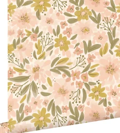 ESTAhome papier peint fleurs rose clair, jaune ocre et vert grisé - 50 x 900 cm - 130924