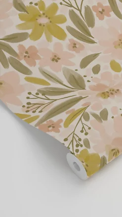 ESTAhome papier peint fleurs rose clair, jaune ocre et vert grisé - 50 x 900 cm - 130924