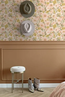 ESTAhome papier peint fleurs rose clair, jaune ocre et vert grisé - 50 x 900 cm - 130924