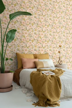 ESTAhome papier peint fleurs rose clair, jaune ocre et vert grisé - 50 x 900 cm - 130924