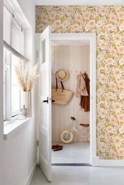 ESTAhome papier peint fleurs rose clair, jaune ocre et vert grisé - 50 x 900 cm - 130924