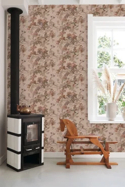 ESTAhome papier peint fleurs et oiseaux vieux rose - 50 x 900 cm - 139809