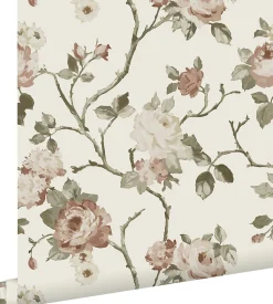 ESTAhome papier peint fleurs vintage blanc cassé et vieux rose - 53 cm x 10.05 m - 139406