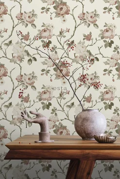 ESTAhome papier peint fleurs vintage blanc cassé et vieux rose - 53 cm x 10.05 m - 139406