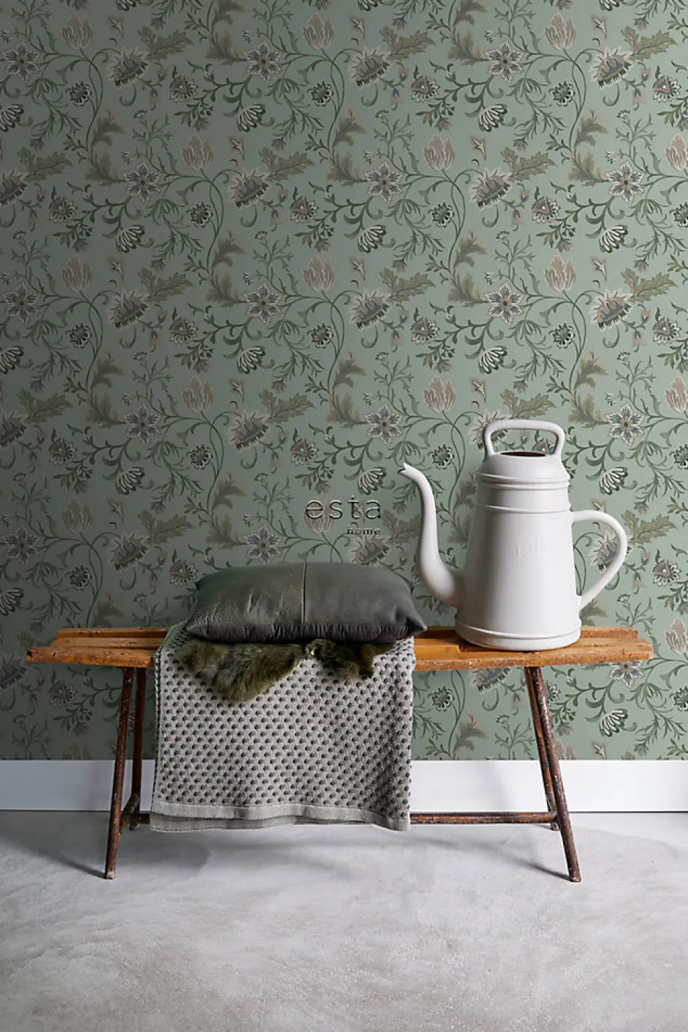 ESTAhome papier peint fleurs vintage vert céladon - 53 cm x 10.05 m - 139413