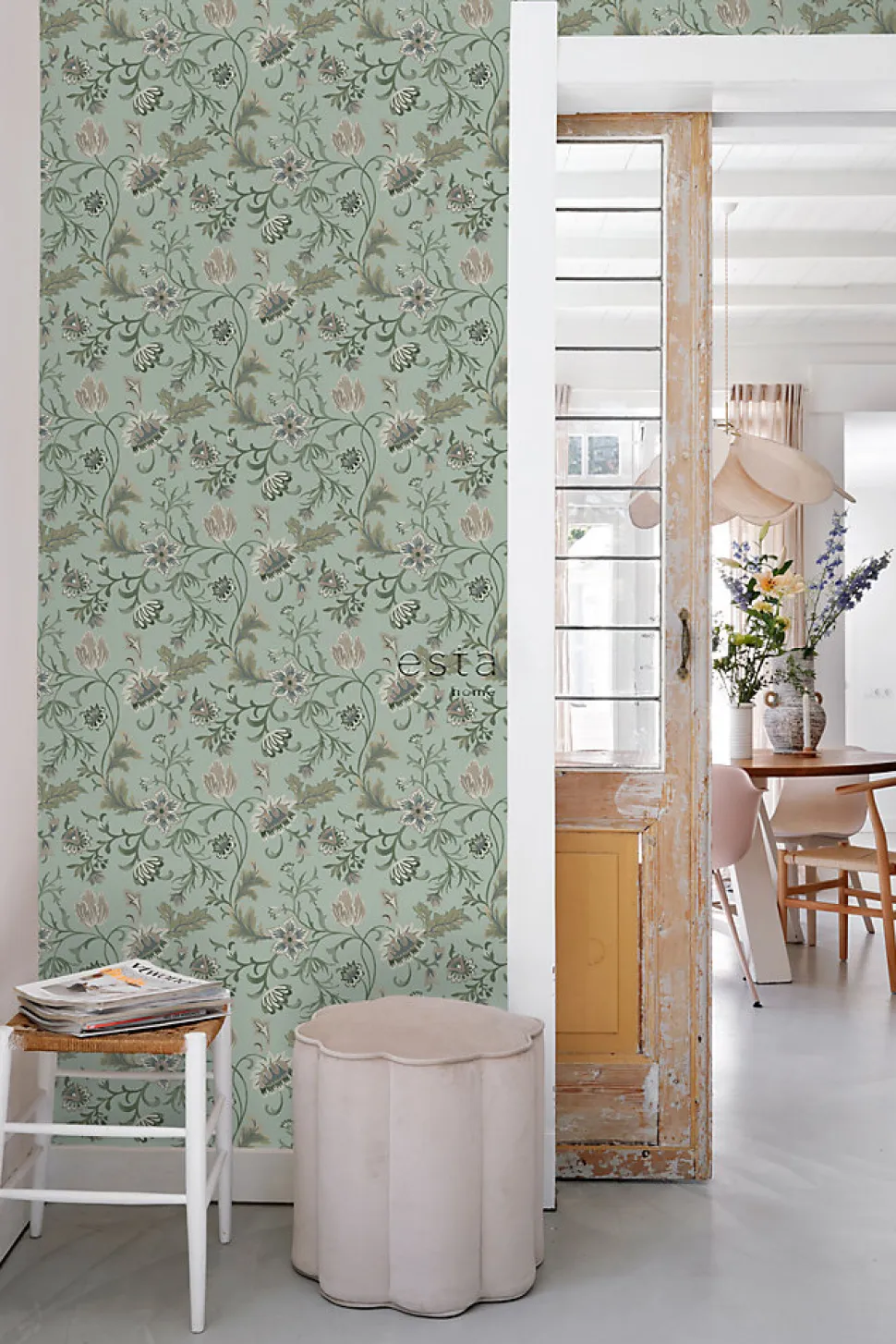 ESTAhome papier peint fleurs vintage vert céladon - 53 cm x 10.05 m - 139413