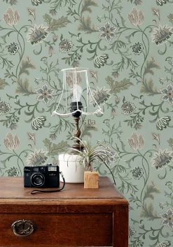 ESTAhome papier peint fleurs vintage vert céladon - 53 cm x 10.05 m - 139413