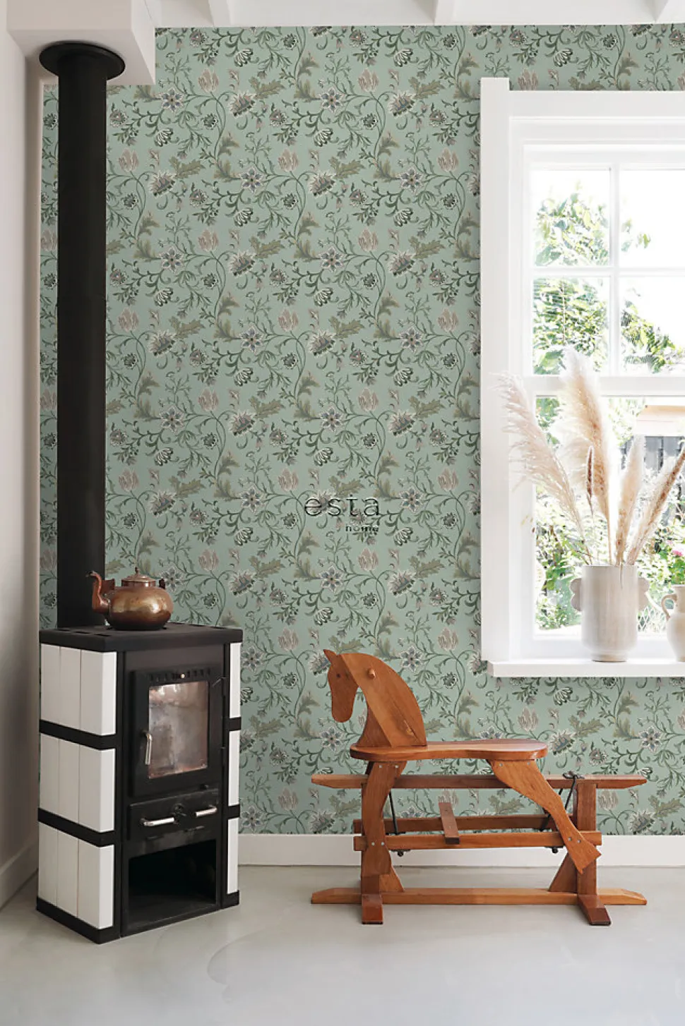 ESTAhome papier peint fleurs vintage vert céladon - 53 cm x 10.05 m - 139413