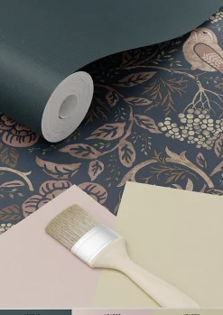 ESTAhome papier peint fleurs et oiseaux bleu foncé et vieux rose - 53 cm x 10.05 m - 139832