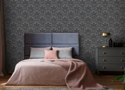 ESTAhome papier peint fleurs et oiseaux bleu foncé et vieux rose - 53 cm x 10.05 m - 139832