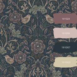 ESTAhome papier peint fleurs et oiseaux bleu foncé et vieux rose - 53 cm x 10.05 m - 139832