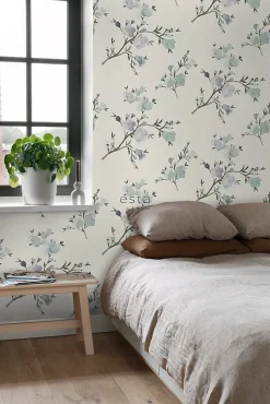 ESTAhome papier peint fleurs de cerisier beige et violet - 53 cm x 10.05 m - 148715
