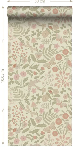 ESTAhome papier peint fleurs et oiseaux vert et rose - 50 x 900 cm - 139869