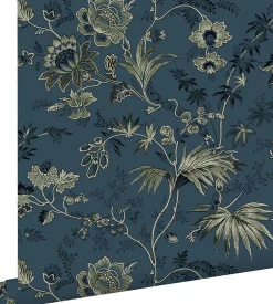 ESTAhome papier peint fleurs vintage bleu foncé et vert olive grisé - 53 cm x 10.05 m - 139315