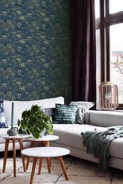 ESTAhome papier peint fleurs vintage bleu foncé et vert olive grisé - 53 cm x 10.05 m - 139315