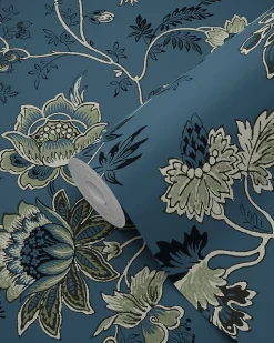 ESTAhome papier peint fleurs vintage bleu foncé et vert olive grisé - 53 cm x 10.05 m - 139315