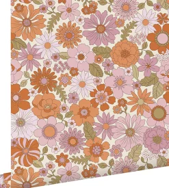 ESTAhome papier peint fleurs rétro violet et orange - 53 cm x 10.05 m - 130961