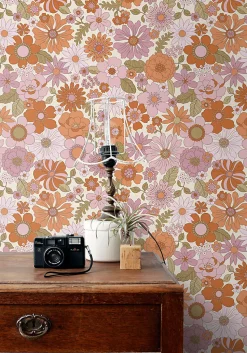 ESTAhome papier peint fleurs rétro violet et orange - 53 cm x 10.05 m - 130961