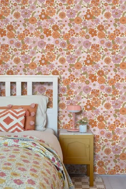 ESTAhome papier peint fleurs rétro violet et orange - 53 cm x 10.05 m - 130961