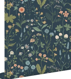 ESTAhome papier peint fleurs des champs bleu foncé, vert et rose - 53 cm x 10.05 m - 139698