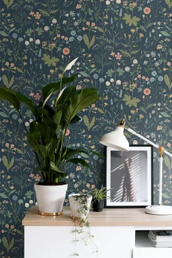 ESTAhome papier peint fleurs des champs bleu foncé, vert et rose - 53 cm x 10.05 m - 139698