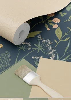 ESTAhome papier peint fleurs des champs bleu foncé, vert et rose - 53 cm x 10.05 m - 139698