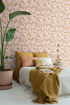 ESTAhome papier peint fleurs rose clair, jaune ocre et vert grisé - 50 x 900 cm - 130923