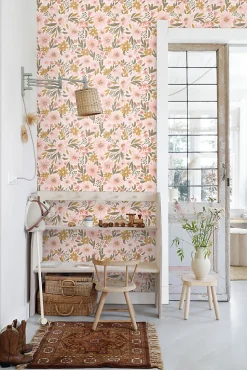 ESTAhome papier peint fleurs rose clair, jaune ocre et vert grisé - 50 x 900 cm - 130923