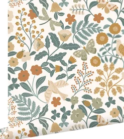 ESTAhome papier peint fleurs et oiseaux bleu grisâtre, vert olive grisé et jaune ocre - 53 cm x 10.05 m - 139865