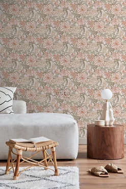 ESTAhome papier peint fleurs vintage vieux rose et vert - 53 cm x 10.05 m - 139479