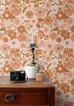 ESTAhome papier peint fleurs rétro rose terracotta et orange - 53 cm x 10.05 m - 130962