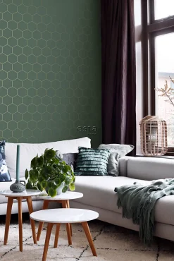 ESTAhome papier peint hexagone vert foncé et or - 53 cm x 10.05 m - 139228