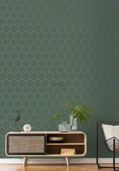 ESTAhome papier peint hexagone vert foncé et or - 53 cm x 10.05 m - 139228