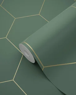 ESTAhome papier peint hexagone vert foncé et or - 53 cm x 10.05 m - 139228