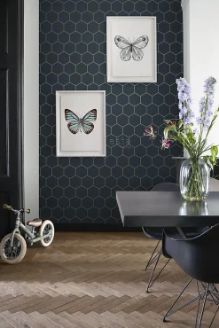 ESTAhome papier peint hexagone bleu foncé et or - 53 cm x 10.05 m - 139237