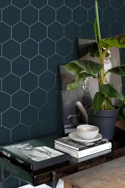 ESTAhome papier peint hexagone bleu foncé et or - 53 cm x 10.05 m - 139237
