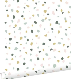 ESTAhome papier peint imitation terrazzo blanc, rose clair et vert menthe - 53 cm x 10.05 m - 139033