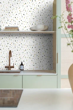 ESTAhome papier peint imitation terrazzo blanc, rose clair et vert menthe - 53 cm x 10.05 m - 139033
