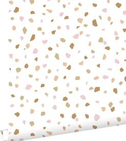 ESTAhome papier peint imitation terrazzo rose clair, orange chaude et beige - 53 cm x 10.05 m - 139198