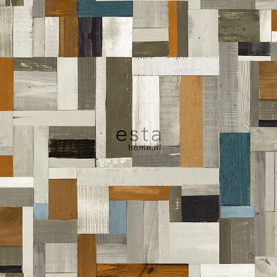 ESTAhome papier peint imitation bois gris, marron et bleu gris - 53 cm x 10.05 m - 138515