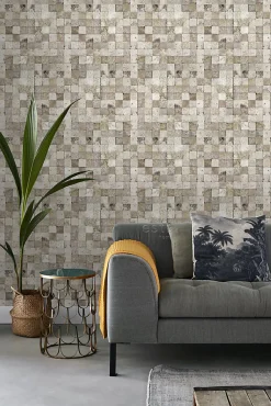 ESTAhome papier peint intissé XXL carrés de marbre beige - 50 x 900 cm - 158201