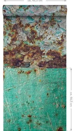 ESTAhome papier peint intissé XXL patchwork de plaques de metal rouillé et vieilli bleu canard et marron - 50 x 900 cm - 158203