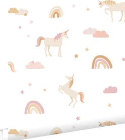ESTAhome papier peint licornes blanc, rose clair et jaune ocre - 53 cm x 10.05 m - 139581