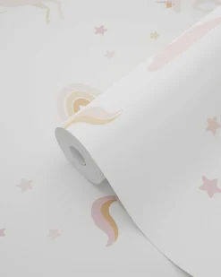 ESTAhome papier peint licornes blanc, rose clair et jaune ocre - 53 cm x 10.05 m - 139581