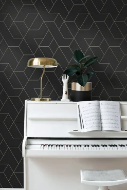 ESTAhome papier peint lignes graphiques noir et or - 50 x 900 cm - 139945
