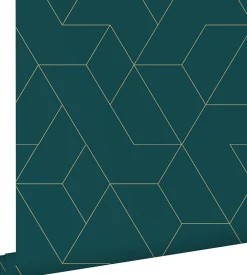ESTAhome papier peint lignes graphiques bleu canard et or - 50 x 900 cm - 139947