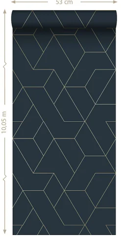 ESTAhome papier peint lignes graphiques bleu foncé et or - 50 x 900 cm - 139946